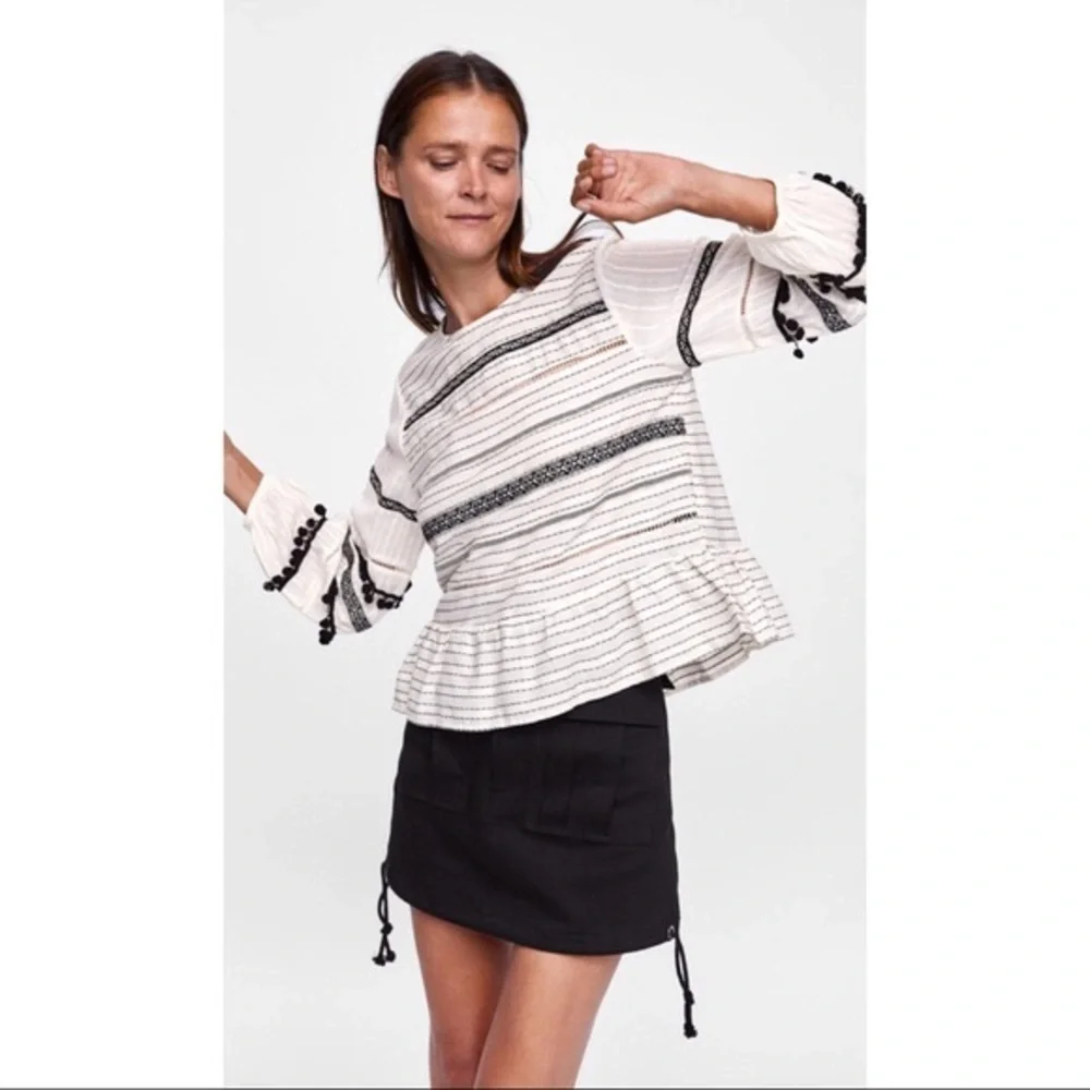 Zara Pom Pom Puff Sleeve Cotton Peasant Blouse